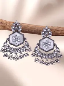 Sangria Silver-Plated Kundan-Studded Oxidised Drop Earrings