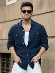 Powerlook Men Textured Spread Collar Cotton Casual Shirt