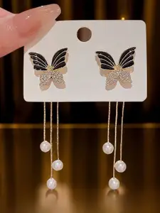 KRENOZ Gold-Plated Pearls Beaded & Rhinestone Studded Butterfly Shaped Drop Earrings