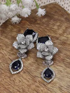 Biba Silver-Plated Artificial Stones Studded Floral Shaped Drop Earrings
