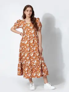 all about you Women Floral Printed Puff Sleeve Fit & Flare Midi Dress