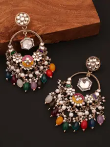 Anouk Gold-Plated American Diamond Studded & Pearls Beaded Floral Shaped Drop Earrings