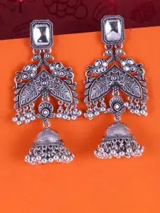 Sangria Silver-Plated Kundan-Studded Oxidised Jhumkas