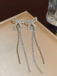 KRENOZ Silver-Plated Rhinestone Studded Bow Design Drop Earrings