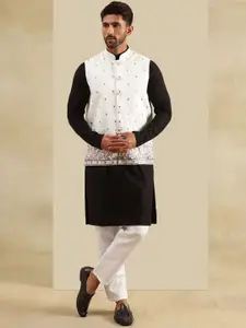 SOJANYA Geometric Embroidered Mandarin Collar Cotton Kurta With Pyjamas & Nehru Jacket