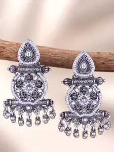 Sangria Silver-Plated Kundan-Studded Oxidised Drop Earrings
