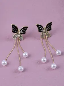 KRENOZ Gold-Plated Pearls Beaded & Rhinestone Studded Butterfly Shaped Drop Earrings