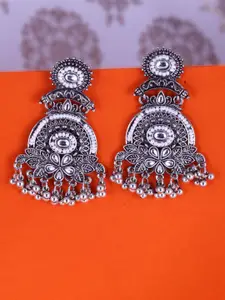 Sangria Silver-Plated Kundan-Studded Oxidised Drop Earrings