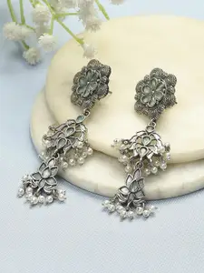 Biba Brass-Plated Artificial Stones Studded & Beaded Floral Shaped Oxidised Drop Earrings
