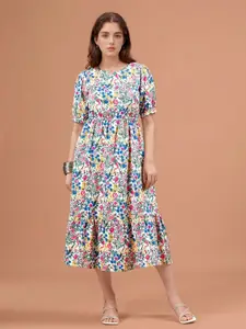 all about you Floral Printed Puff Sleeve Cotton Fit & Flare Midi Dress