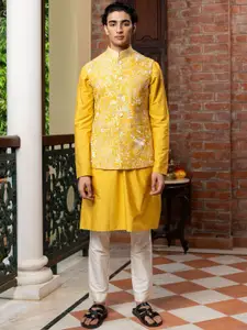 PATR Embroidered Mandarin Collar Woven Nehru Jacket