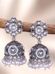 Sangria Silver-Plated Kundan-Studded & Beaded Oxidised Jhumkas