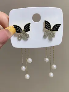 KRENOZ Gold-Plated Pearls Beaded & Rhinestone Studded Butterfly Shaped Drop Earrings