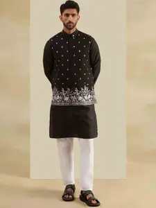 SOJANYA Geometric Embroidered Band Collar Straight Kurta With Pyjama & Nehru Jacket