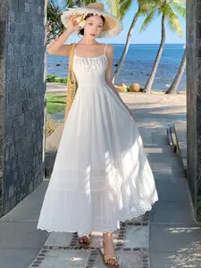 bebe White Smocked Eyelet Hem Spaghetti Strap Fit & Flare Maxi Dress