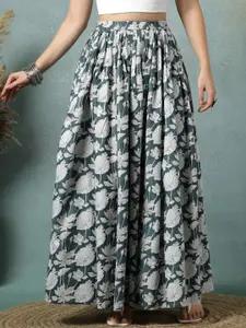 SUNEKH Floral Printed Cotton Flared Maxi Skirt