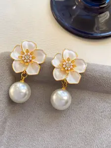 SUBHAGALANKAR Gold-Plated Pearls Beaded Floral Shaped Drop Earrings