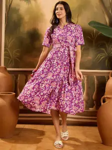 Sangria Floral Printed Tie-Ups Detail Pure Cotton Tiered Fit & Flare Midi Dress