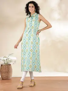 Anouk Women Printed Shirt Collar Sleeveless Cotton Kurta