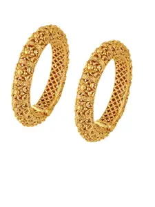 Peora Set Of 2 Gold-Plated Intricate Textured-Studded Bangles