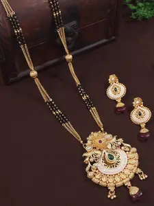 SGA FASHION Gold-Plated Artificial Stones Studded & Beaded Mangalsutra With Earrings