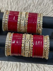 T4 JEWELS Set Of 74 Gold Plated Stone Studded Bridal Chura Bangle
