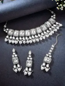 Peora Silver Plated Crystal Crystal & Beads Studded Necklace Earrings Maangtikka Set