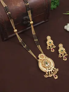 SGA FASHION Gold-Plated Artificial Stones Studded & Beaded Mangalsutra With Earrings