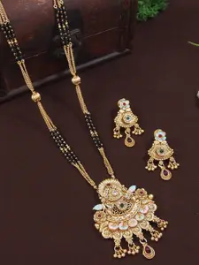 SGA FASHION Gold-Plated Artificial Stones Studded & Beaded Mangalsutra With Earrings
