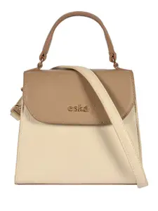 eske Women Beige Solid Flap Closure Compact Shape Small Leather Satchel Handbag