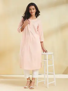 Fabindia Floral Embroidered Round Neck Chikankari Cotton Straight Kurta