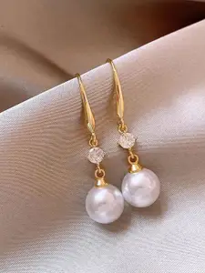 Peora Gold-Plated Crystals Studded & Pearls Beaded Spherical Shaped Drop Earrings