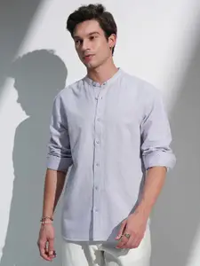 Highlander Men Cotton Linen Mandarin Collar Roll Up Sleeve Casual Shirt