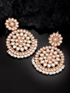 Peora Rose Gold-Plated Kundan Studded & Beaded Circular Shaped Drop Earrings