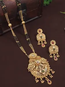 SGA FASHION Gold-Plated Artificial Stones Studded & Beaded Mangalsutra With Earrings