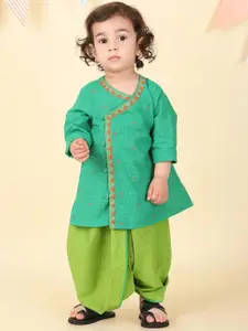 Fabindia Boys Ethnic Motifs Embroidered V Neck Pure Cotton Kurta With Dhoti Pants