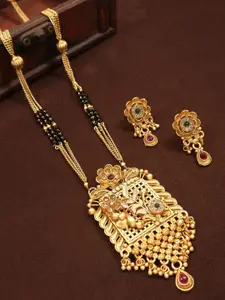 SGA FASHION Gold-Plated Artificial Stones Studded & Beaded Mangalsutra With Earrings