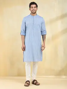Fabindia Striped Mandarin Collar Cotton Straight Kurta