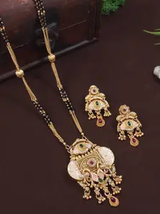 SGA FASHION Gold-Plated Artificial Stones Studded & Beaded Mangalsutra With Earrings