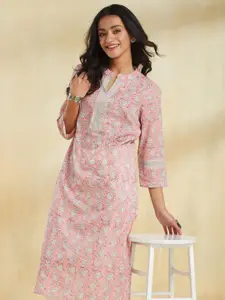 Fabindia Floral Printed Mandarin Collar Cotton Straight Kurta