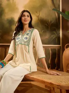 Sangria Women Floral Embroidered Mandarin Collar A-Line Top