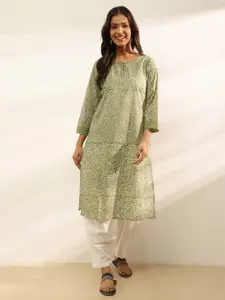Fabindia Floral Printed Round Neck Pure Cotton Straight Kurta
