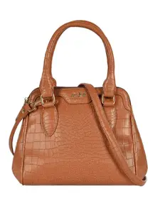 eske Women Black Printed Structured Dual Compartments Adjustable Strap Leather Handbag