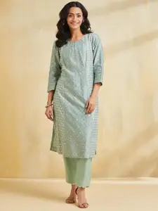 Fabindia Floral Printed Round Neck Straight Cotton Silk Kurta