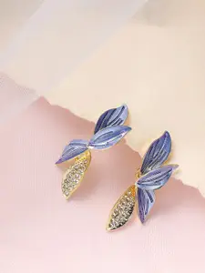 SUBHAGALANKAR Gold-Plated Artificial Stones Studded Leaf Shaped Drop Earrings