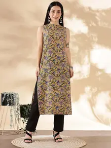 Anouk Floral Printed Round Neck Gotta Patti Pure Cotton Straight Kurta