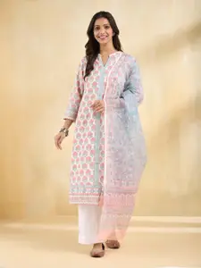 Fabindia Women Ethnic Motifs Printed Flared Sleeves Thread Work Kurta