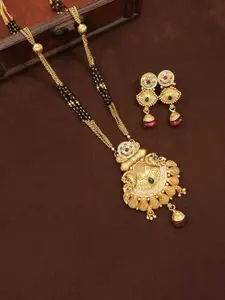 SGA FASHION Gold-Plated Artificial Stones Studded & Beaded Mangalsutra With Earrings