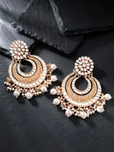 Peora Rose Gold-Plated Kundan Studded & Beaded Crescent Shaped Chandbalis