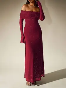 bebe Embellished Off-Shoulder Ruched Bell Sleeve Maxi Dress